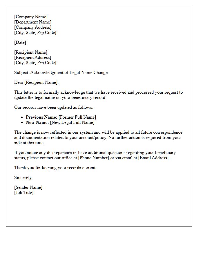 Beneficiary Legal Name Change Update Acknowledgment Letter