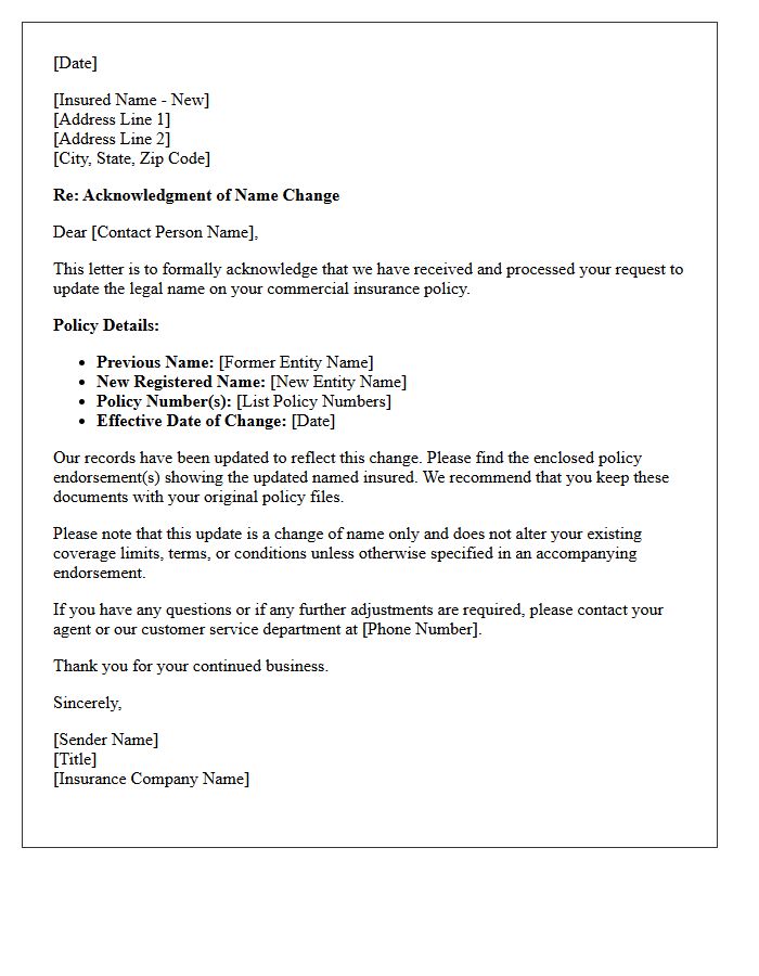 Commercial Insured Name Change Update Acknowledgment Letter