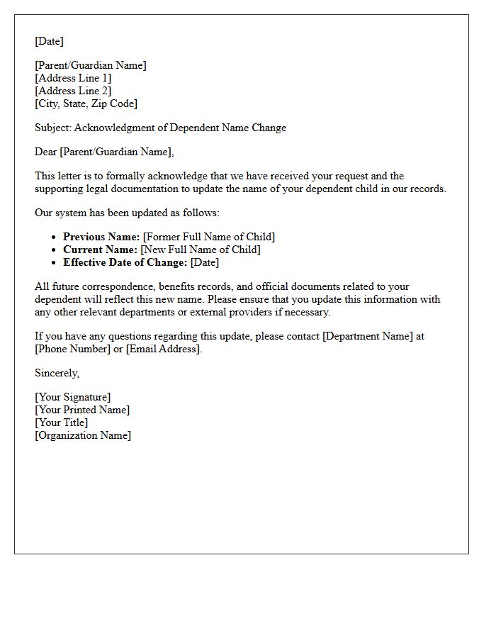 Dependent Child Name Change Update Acknowledgment Letter