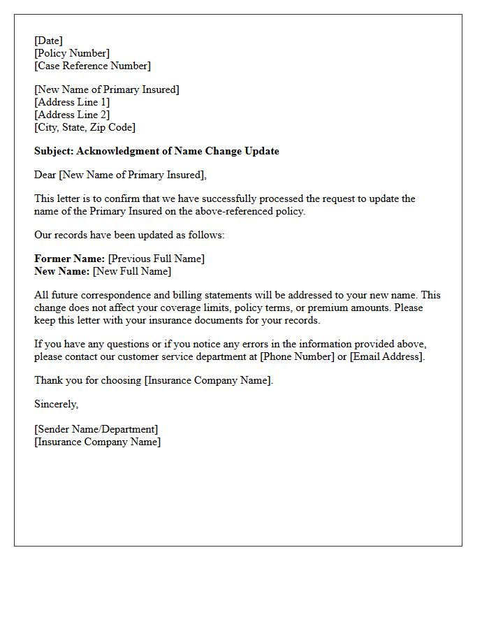 Primary Insured Name Change Update Acknowledgment Letter