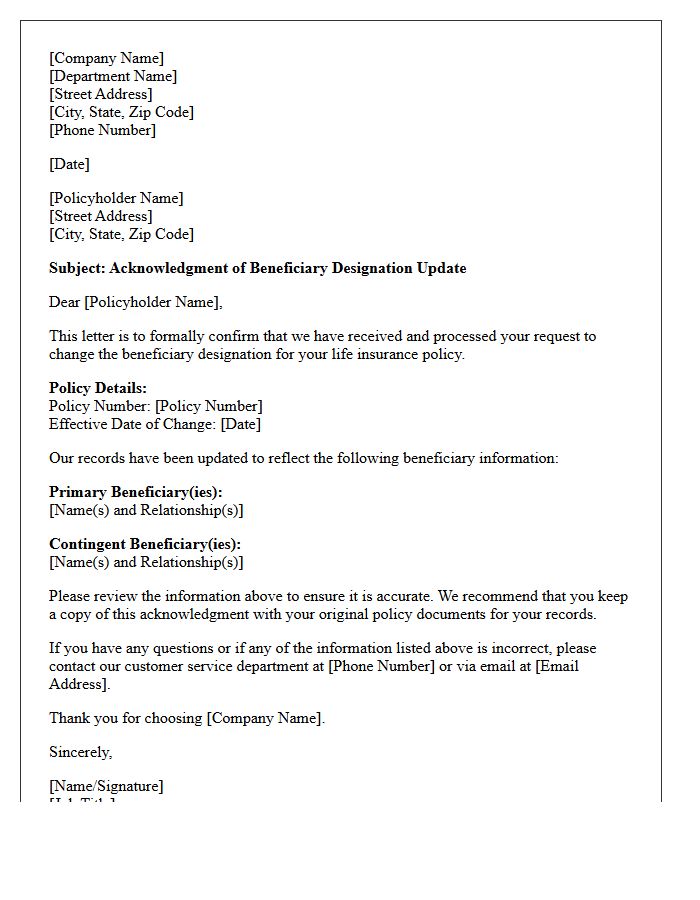 Life Insurance Beneficiary Name Change Update Acknowledgment Letter