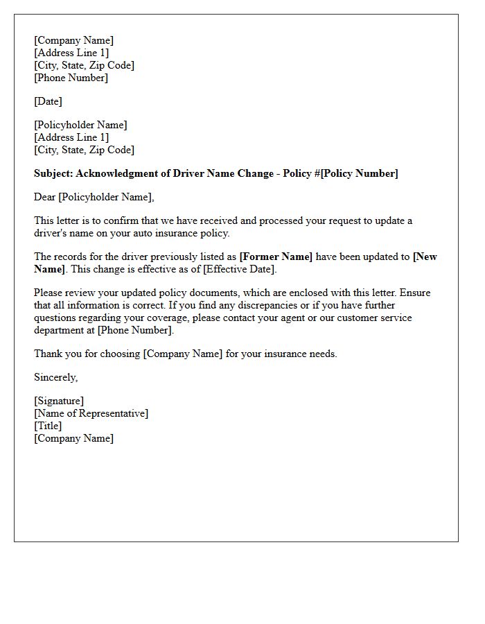 Auto Policy Driver Name Change Update Acknowledgment Letter