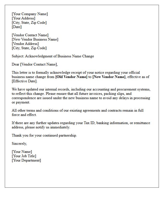 Vendor Business Name Change Update Acknowledgment Letter