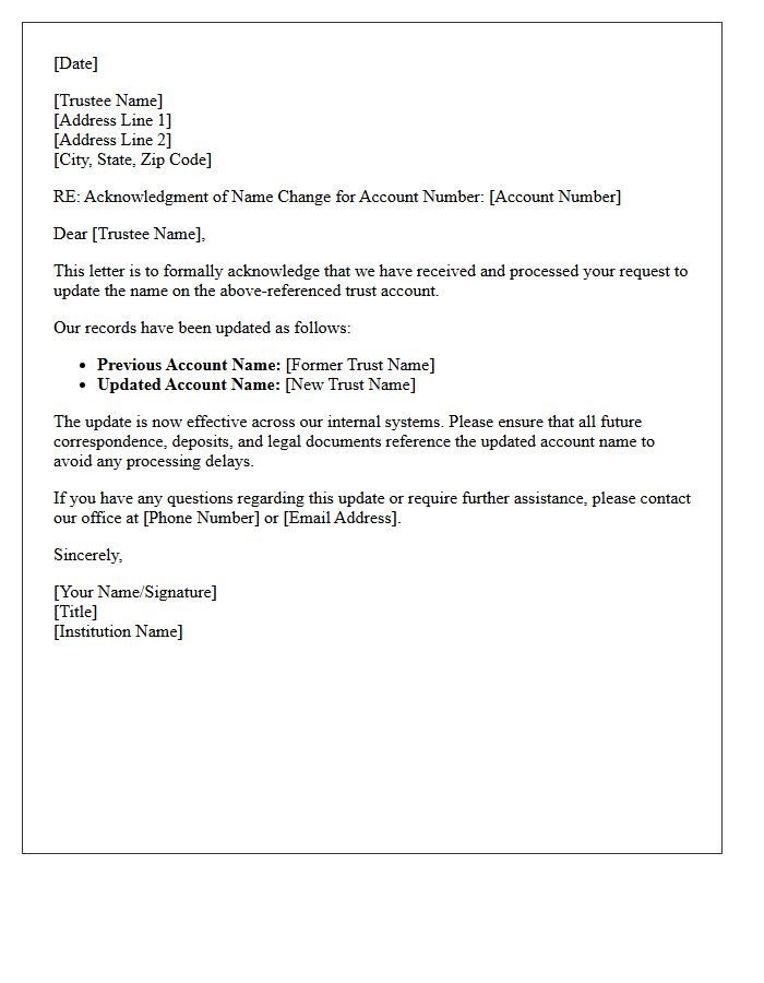 Trust Account Name Change Update Acknowledgment Letter
