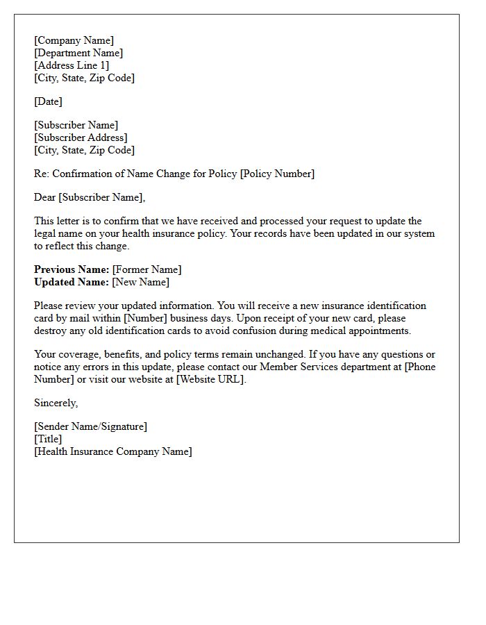 Health Insurance Subscriber Name Change Update Acknowledgment Letter