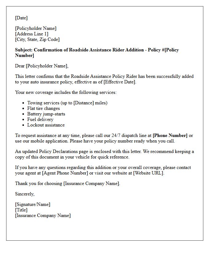 Auto Insurance Roadside Assistance Policy Rider Addition Confirmation Letter