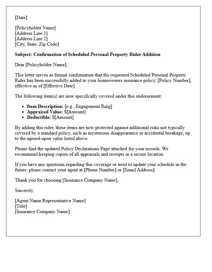 Homeowners Scheduled Personal Property Policy Rider Addition Confirmation Letter