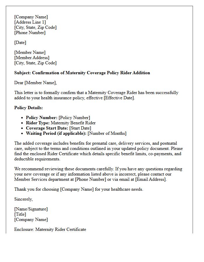 Health Insurance Maternity Coverage Policy Rider Addition Confirmation Letter