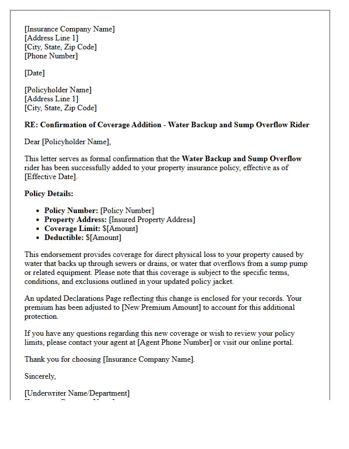 Property Insurance Water Backup Policy Rider Addition Confirmation Letter