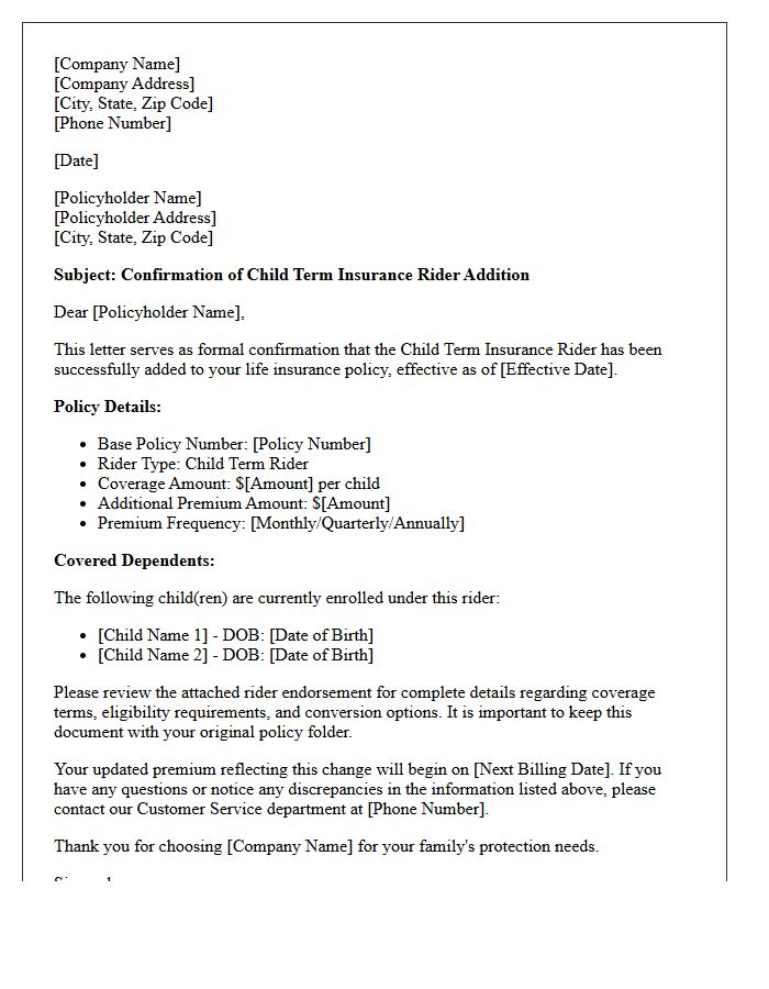 Life Insurance Child Term Policy Rider Addition Confirmation Letter