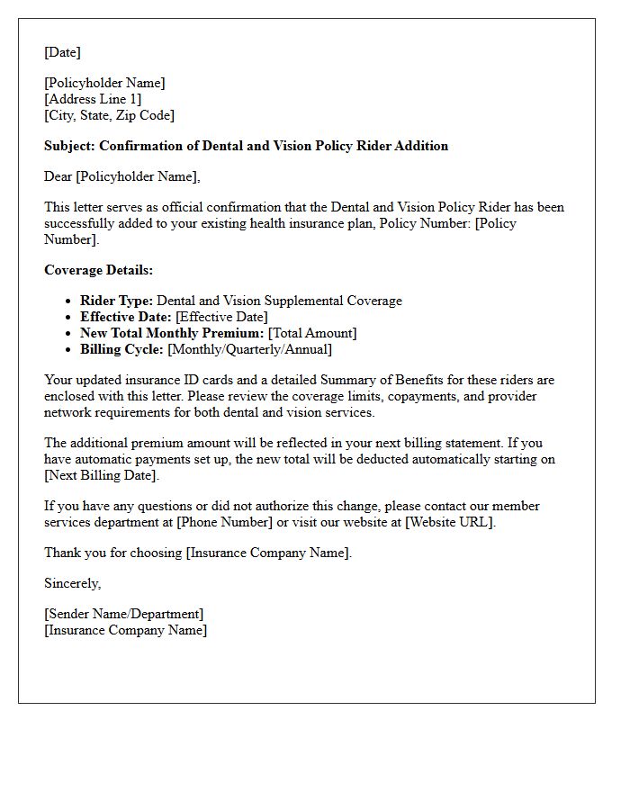 Health Insurance Dental and Vision Policy Rider Addition Confirmation Letter