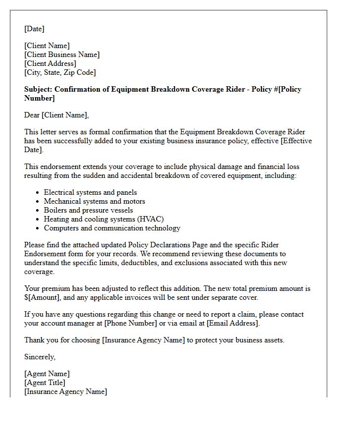 Business Insurance Equipment Breakdown Policy Rider Addition Confirmation Letter