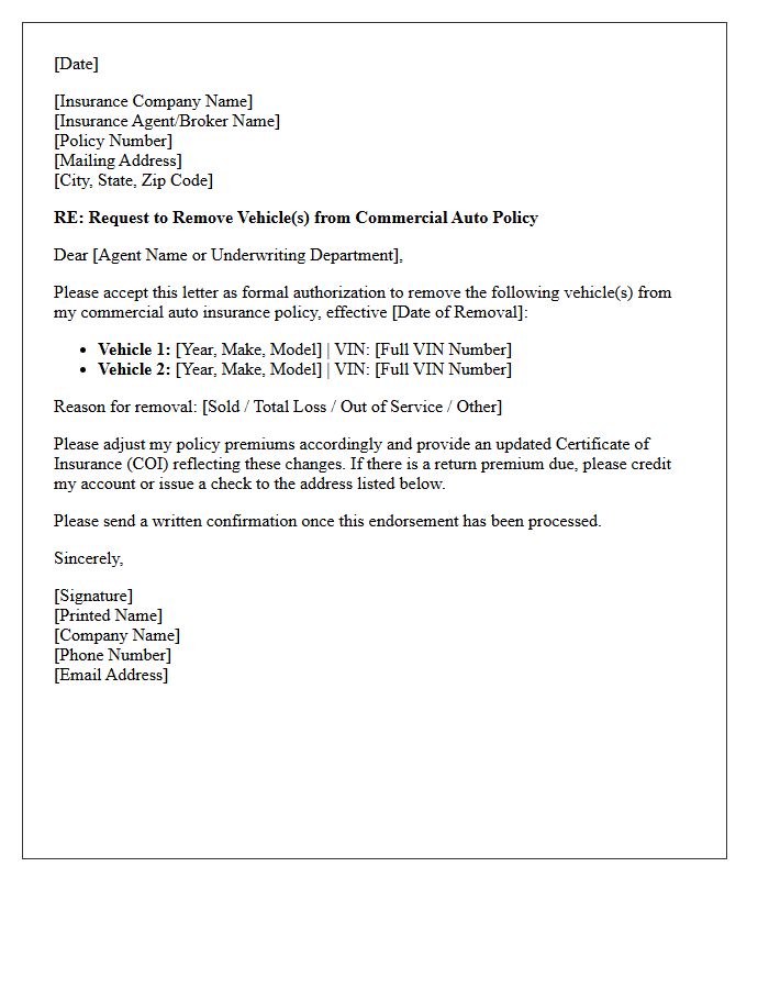 Commercial Auto Vehicle Endorsement Removal Letter