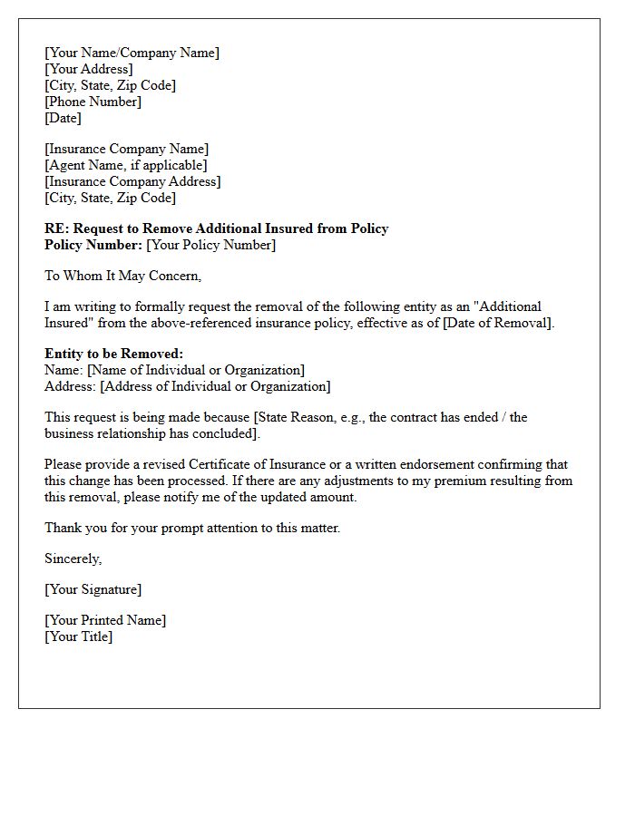 Additional Insured Policy Endorsement Removal Letter