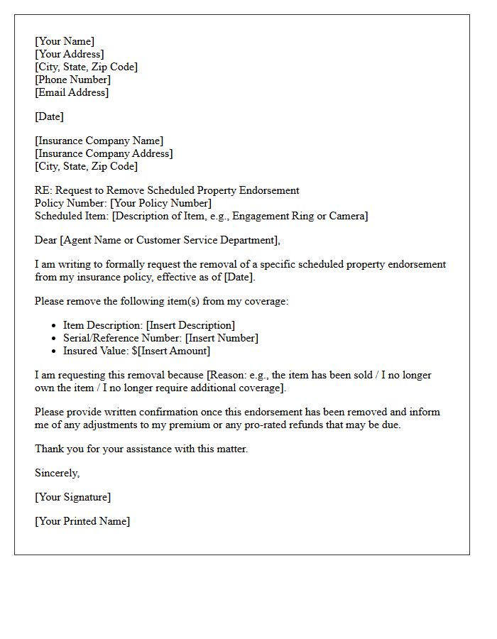 Scheduled Property Endorsement Removal Letter