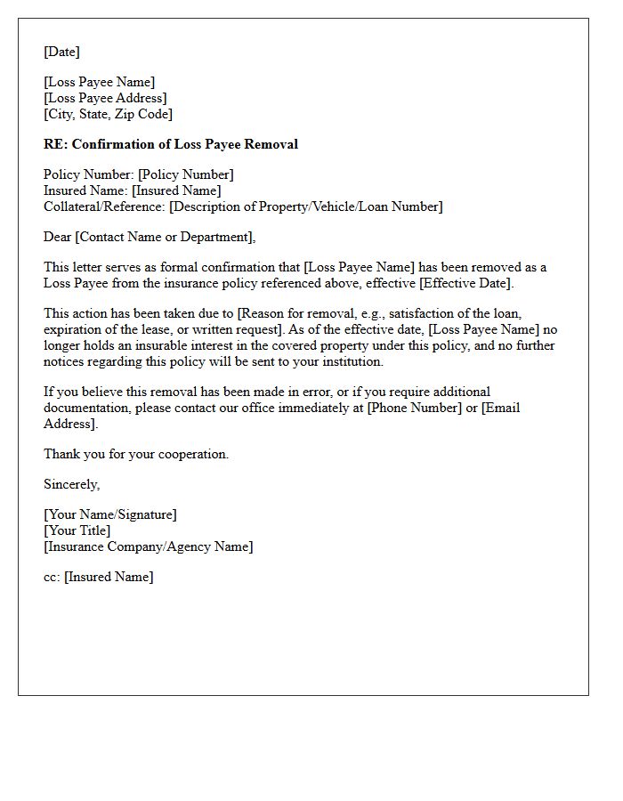 Loss Payee Endorsement Removal Confirmation Letter