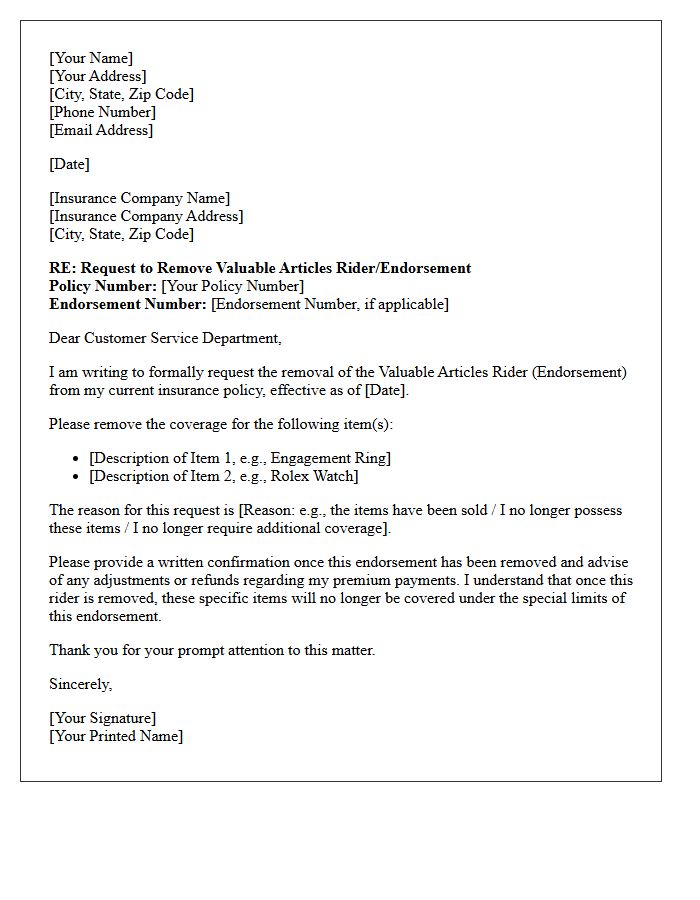 Valuable Articles Rider Endorsement Removal Letter
