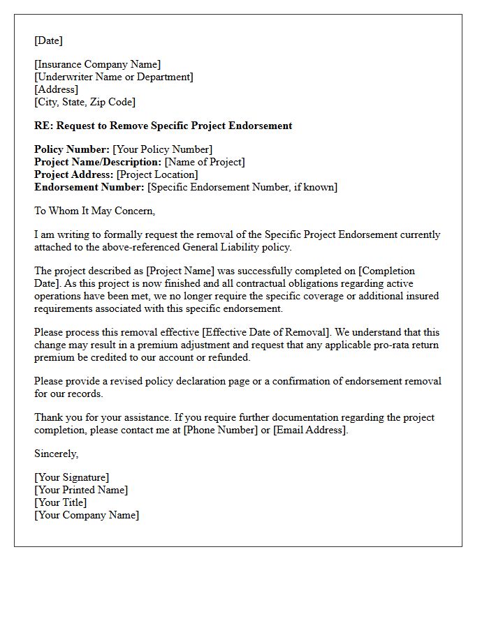 General Liability Specific Project Endorsement Removal Letter