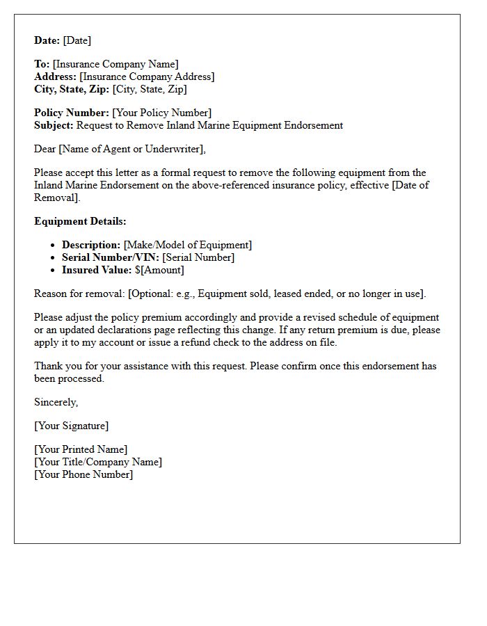 Inland Marine Equipment Endorsement Removal Letter