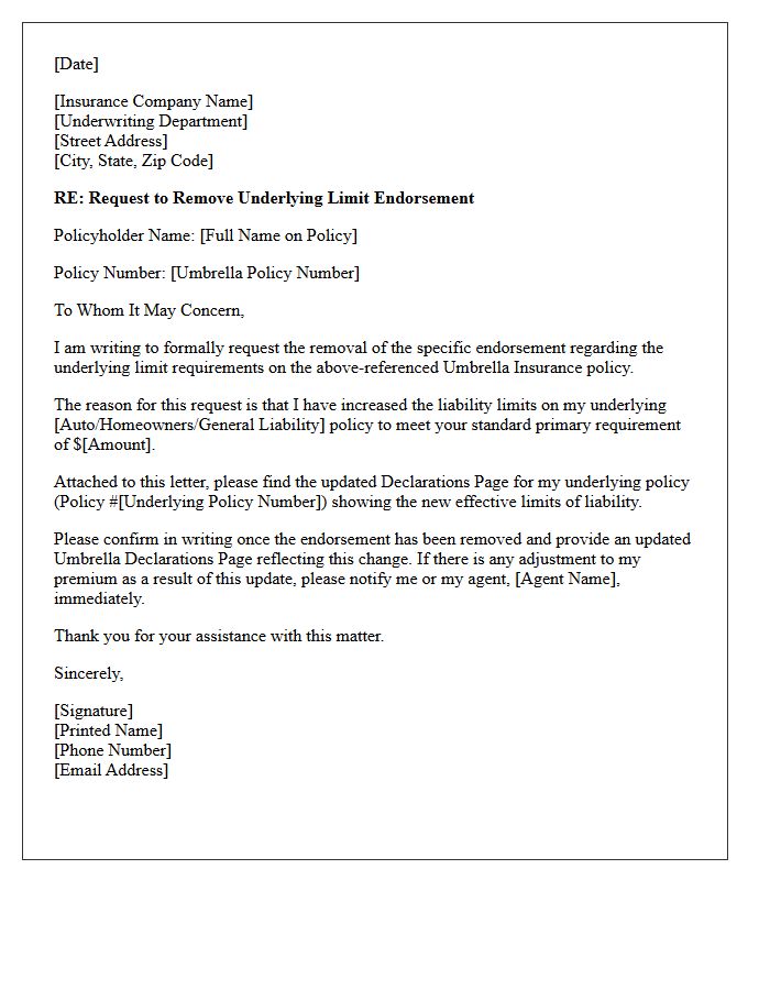 Umbrella Policy Underlying Limit Endorsement Removal Letter
