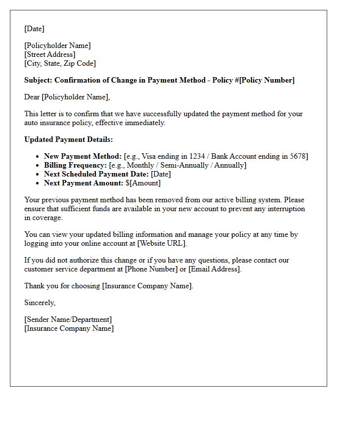 Auto Insurance Change of Payment Method Confirmation Letter