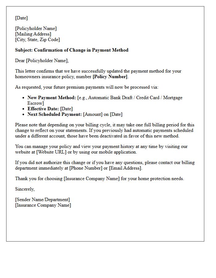 Homeowners Insurance Change of Payment Method Confirmation Letter