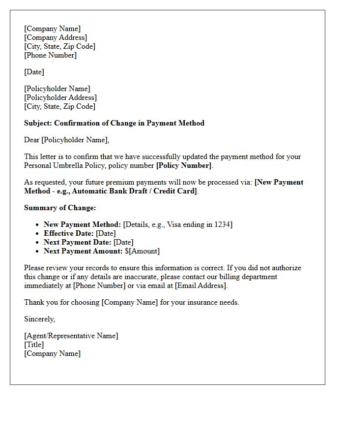 Umbrella Policy Change of Payment Method Confirmation Letter