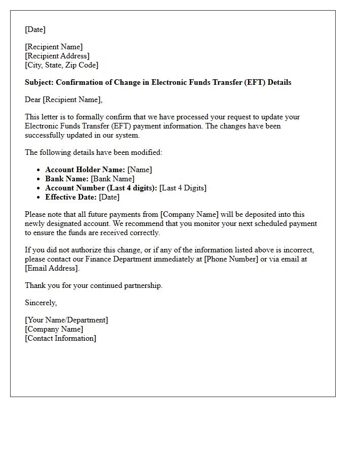Electronic Funds Transfer Change of Payment Method Confirmation Letter