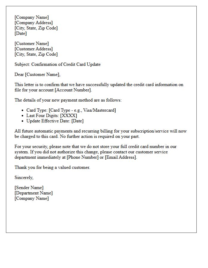Credit Card Update Change of Payment Method Confirmation Letter