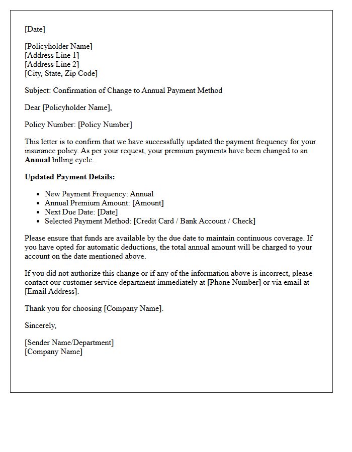 Annual Premium Change of Payment Method Confirmation Letter