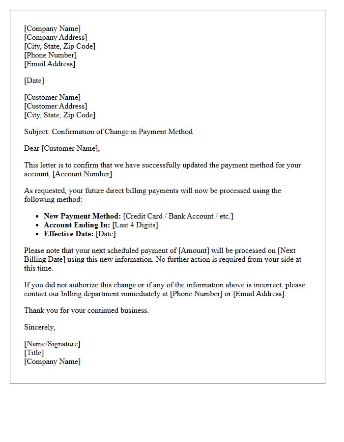 Direct Billing Change of Payment Method Confirmation Letter