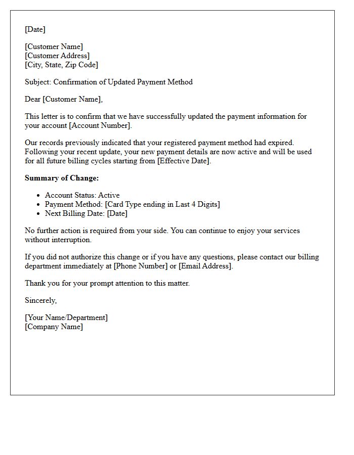Expired Account Update Change of Payment Method Confirmation Letter