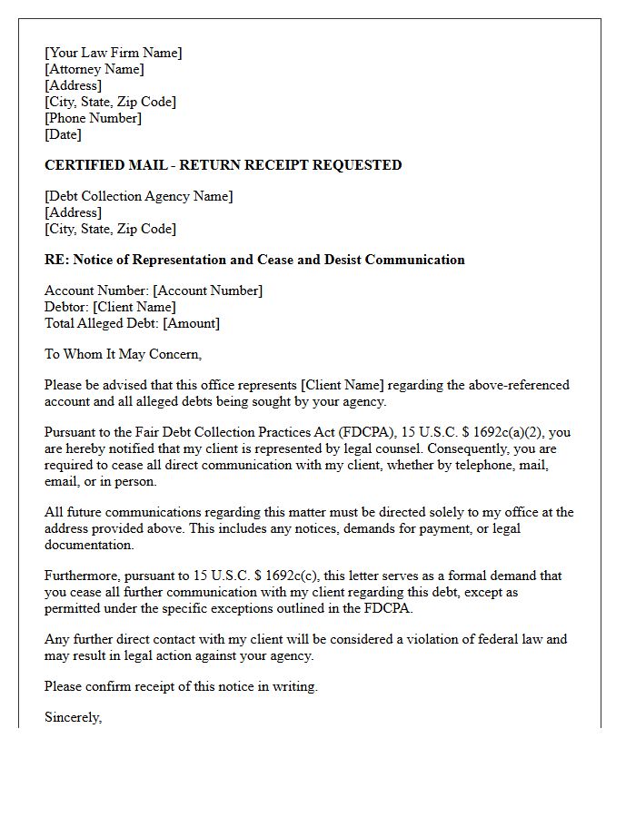 Cease and Desist Letter of Representation for Debt Collection