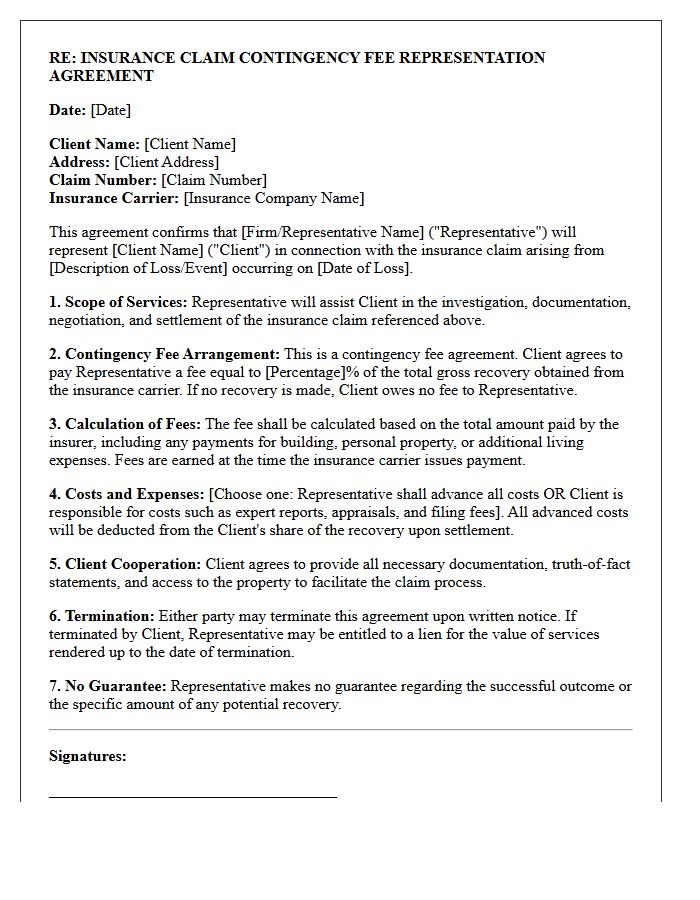 Insurance Claim Contingency Fee Representation Engagement Letter