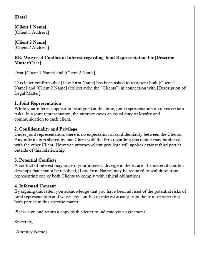 Joint Representation Conflict of Interest Waiver Engagement Letter