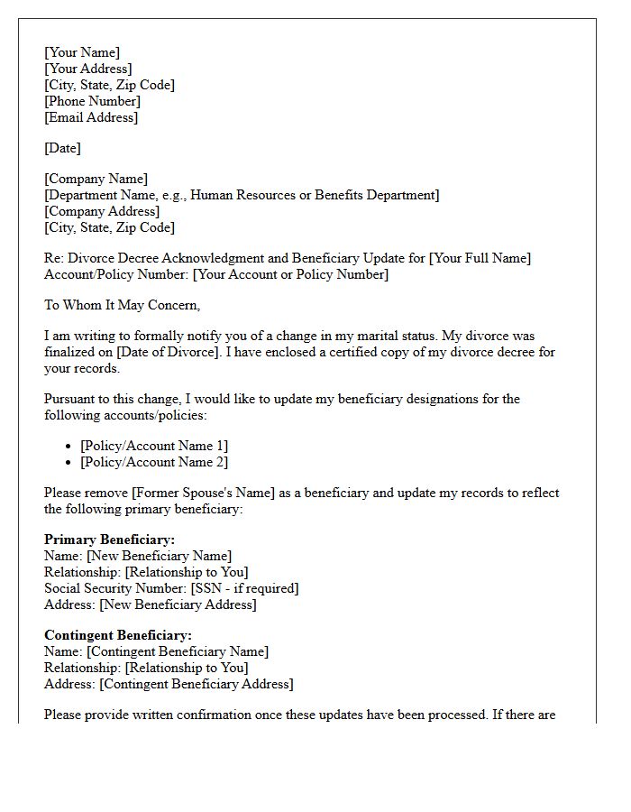 Divorce Decree Acknowledgment and Beneficiary Update Letter