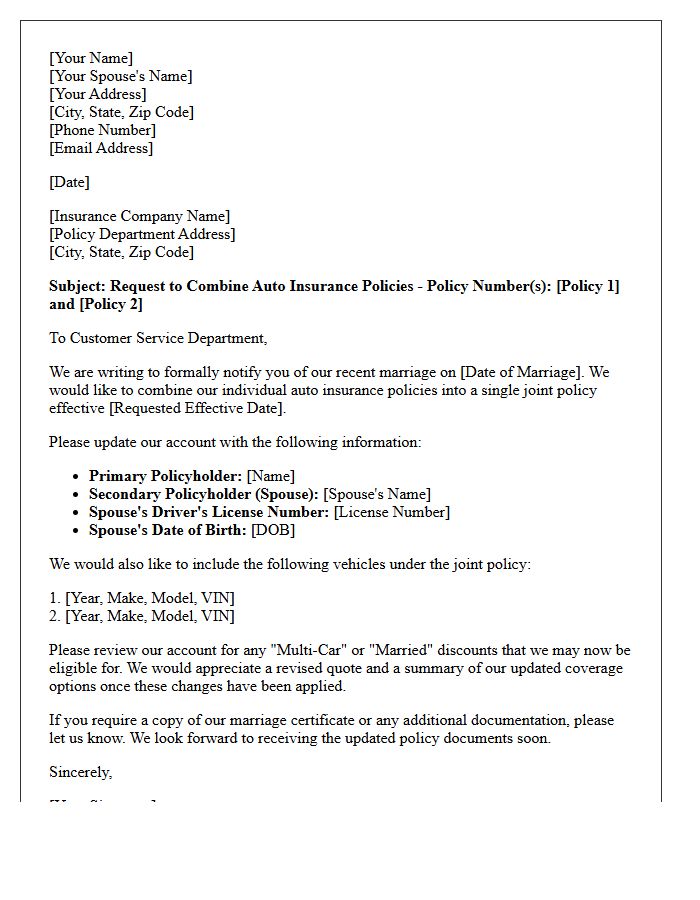 Newlywed Auto Insurance Joint Policy Adjustment Letter