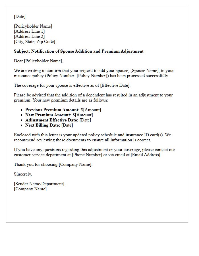 Spouse Addition and Premium Adjustment Notification Letter