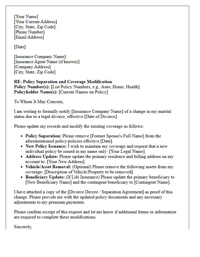 Post-Divorce Policy Separation and Coverage Modification Letter