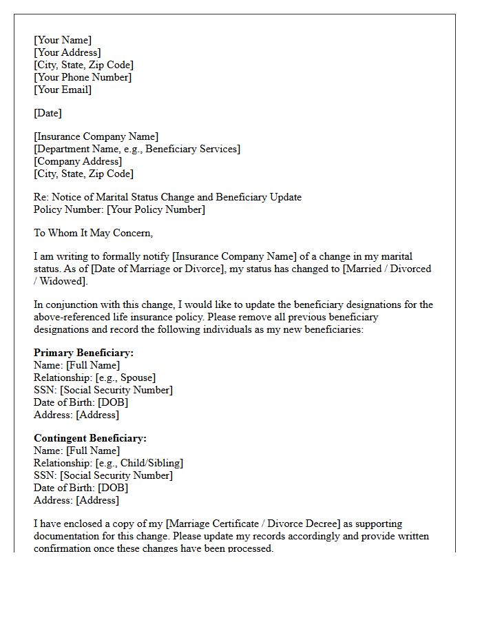 Marital Status Change and Life Insurance Beneficiary Revision Letter