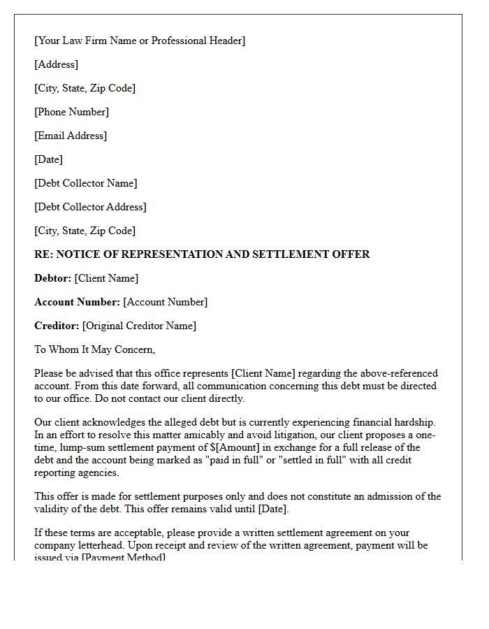 Settlement Negotiation Letter of Representation to Debt Collector