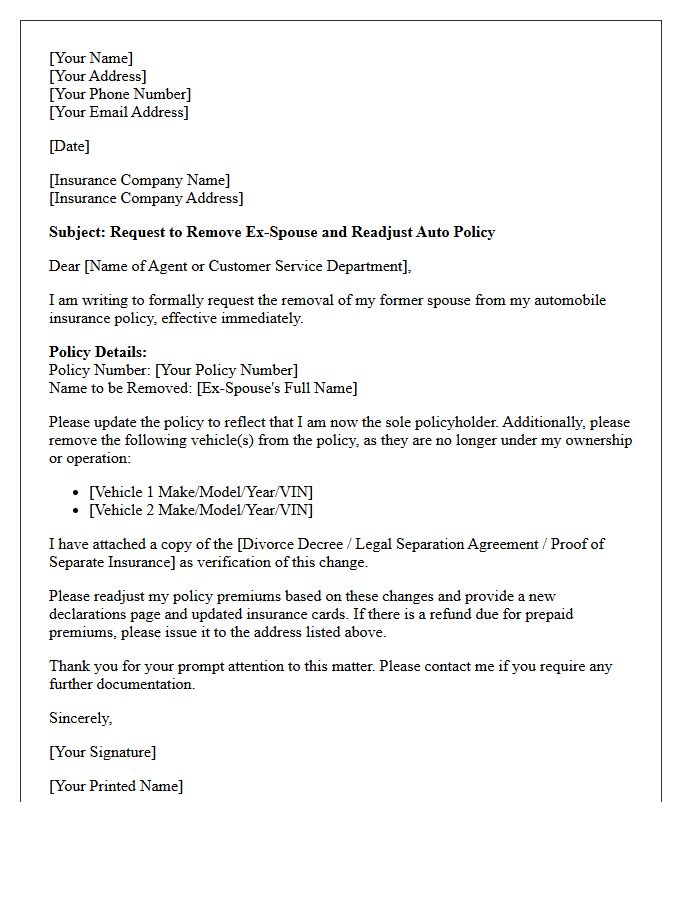 Ex-Spouse Removal and Auto Policy Readjustment Letter