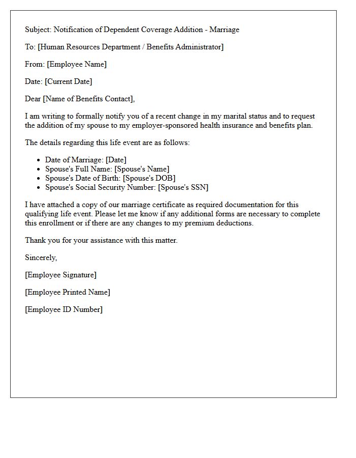 Dependent Coverage Addition Upon Marriage Notification Letter