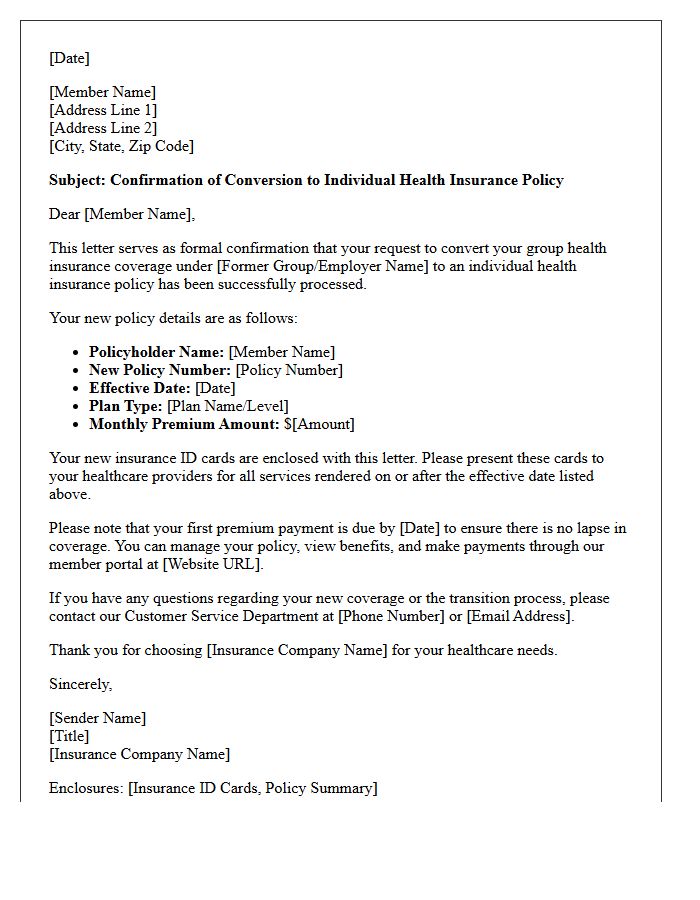 Group Health to Individual Health Policy Conversion Confirmation Letter
