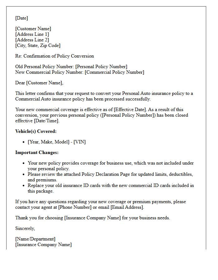 Personal Auto to Commercial Auto Policy Conversion Confirmation Letter