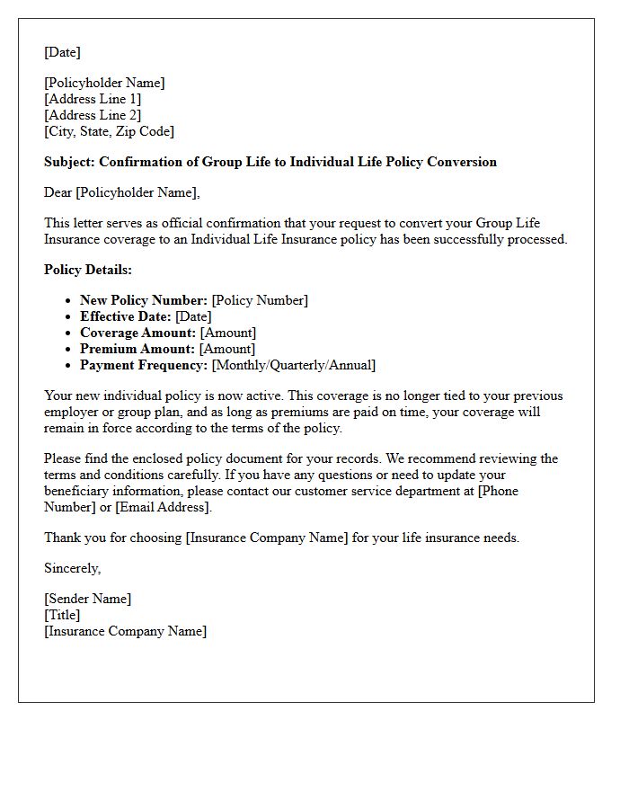 Group Life to Individual Life Policy Conversion Confirmation Letter