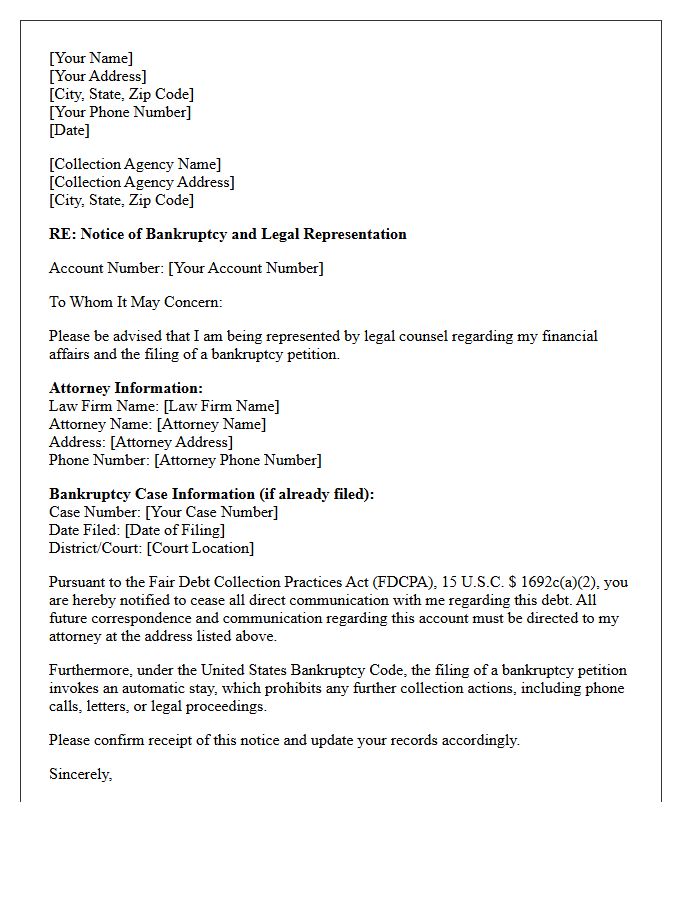Bankruptcy Notification Letter of Representation to Collection Agency