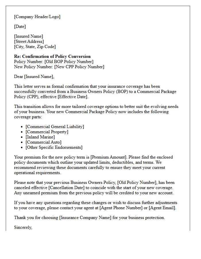 Business Owners Policy to Commercial Package Policy Conversion Confirmation Letter