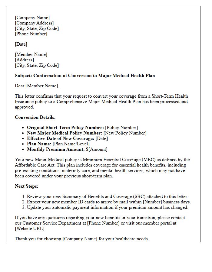 Short-Term Health to Major Medical Policy Conversion Confirmation Letter