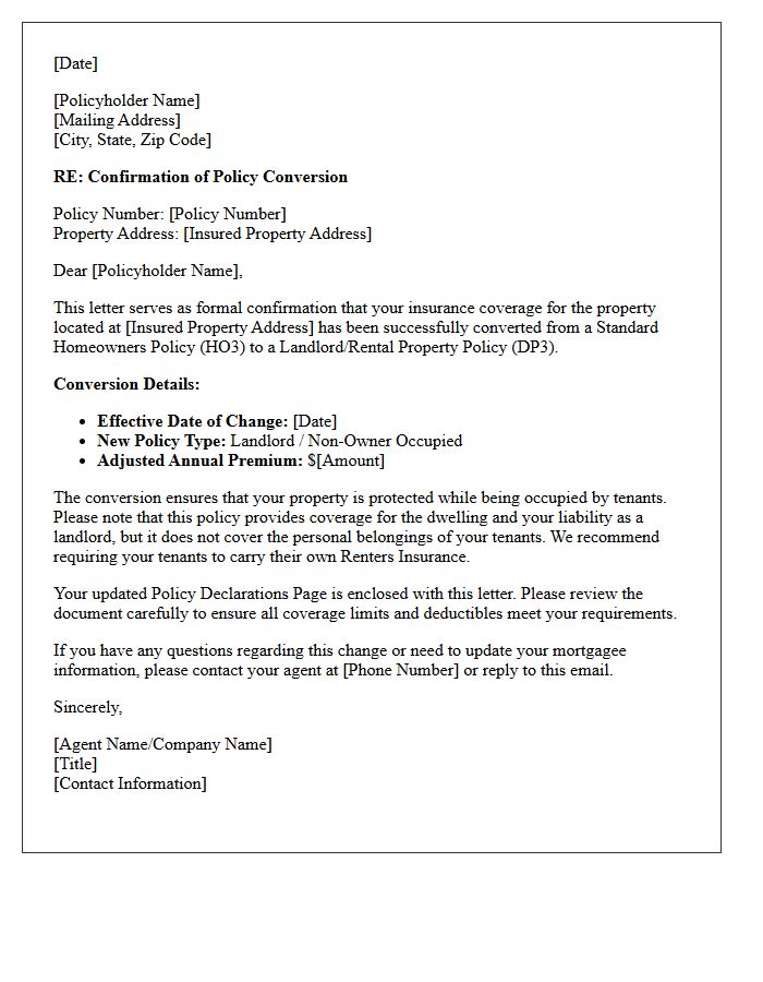 Standard Homeowners to Landlord Policy Conversion Confirmation Letter